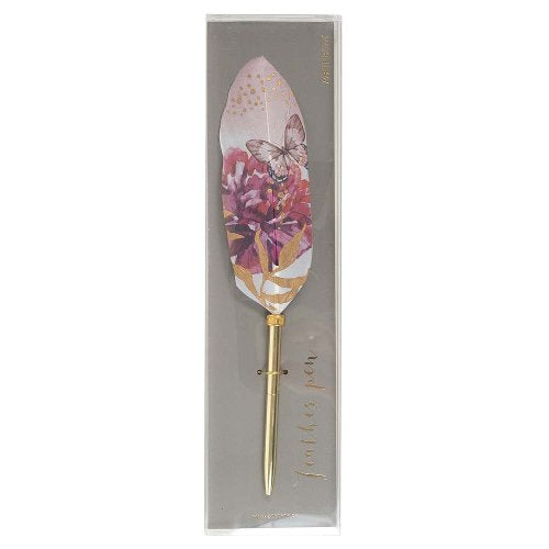 Writing Instrument (FEATHER PEN) - Florals & Butterfly on Pink (Single Feather)