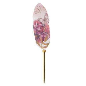 Writing Instrument (FEATHER PEN) - Florals & Butterfly on Pink (Single Feather)