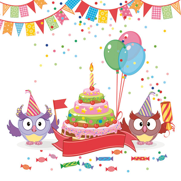 Lunch Napkin - Funny Owls with B-Day Cake