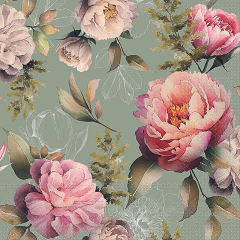 Cocktail Napkin - Peonies Composition GREEN