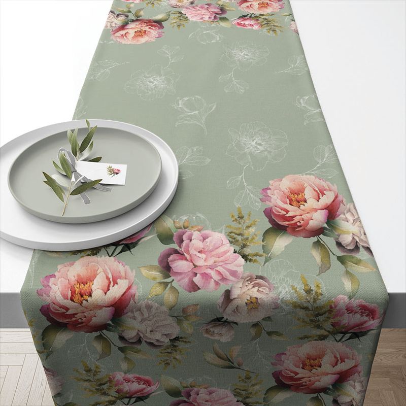 TABLE RUNNER (Cotton) - Peonies Composition GREEN