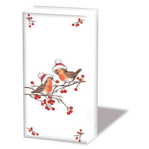 Pocket Tissue - Christmas Robins WHITE