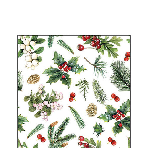 Cocktail Napkin - Winter greenery white