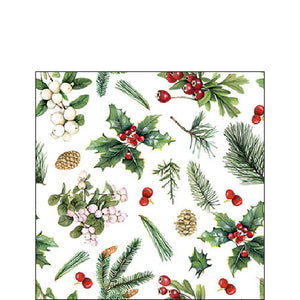 Cocktail Napkin - Winter greenery white