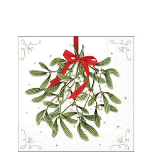 Cocktail Napkin - Mistletoe With Bow WHITE