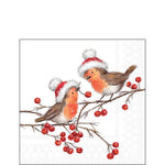 Cocktail Napkin - Christmas Robins WHITE