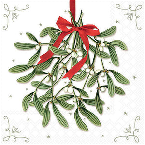 Lunch Napkin - Mistletoe With Bow WHITE