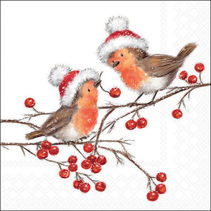 Lunch Napkin - Christmas Robins WHITE