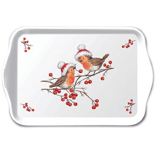 TRAY - Christmas Robins WHITE (13 x 21cm)