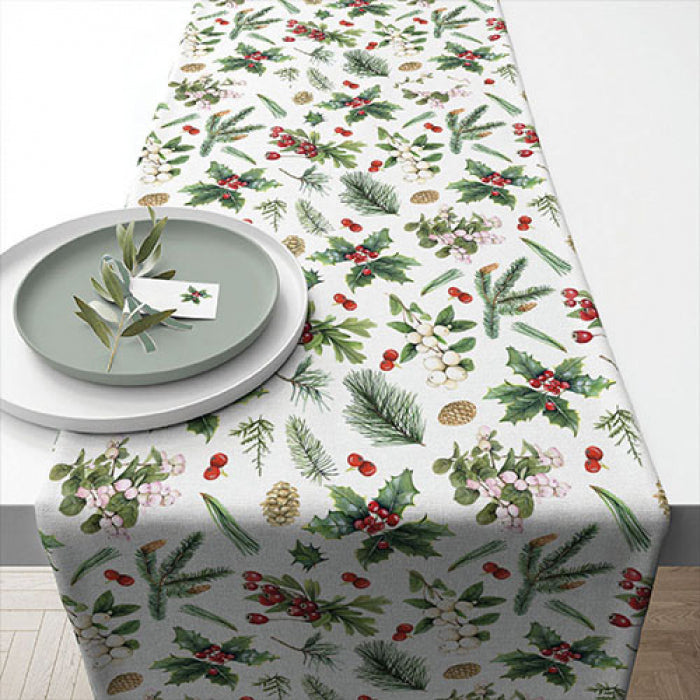 TABLE RUNNER (Cotton) - Winter greenery white