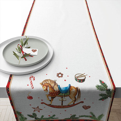 TABLE RUNNER (Cotton) - Classic Rocking Horse WHITE