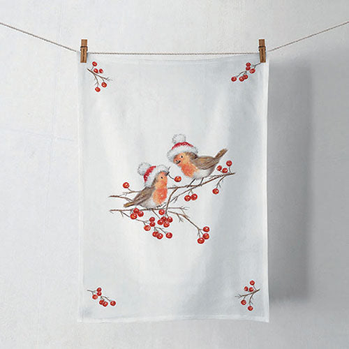 Kitchen Towel - Christmas Robins WHITE