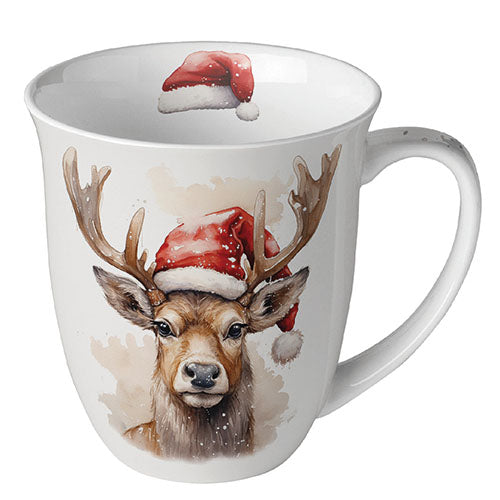 MUG (Fine Bone China) - Deer With Santa Hat WHITE (400 m