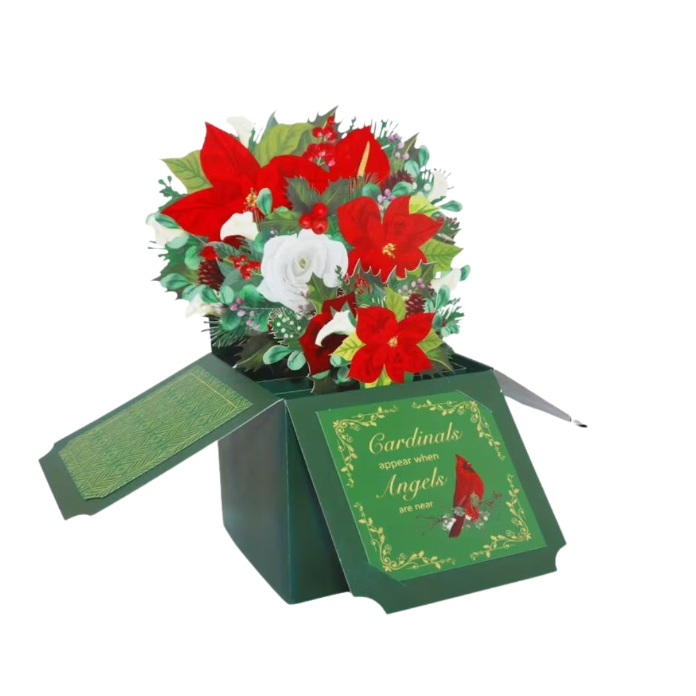 POP-UP 3D Greeting Card (Christmas) - Poinsettia Bouquet & Cardinal