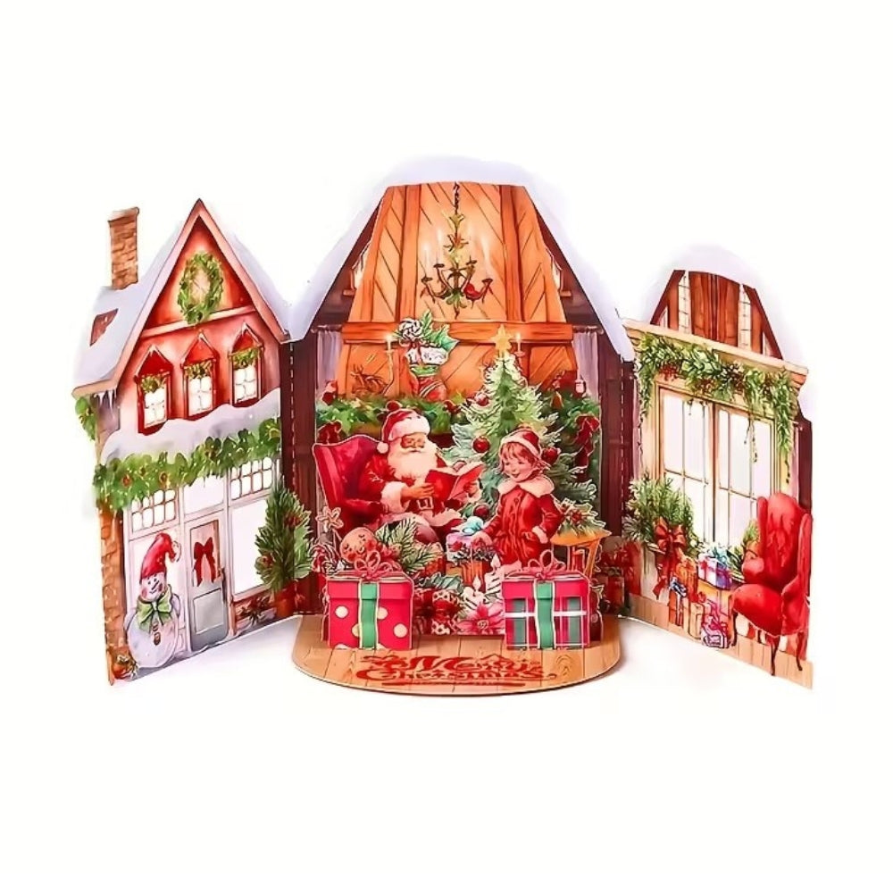 POP-UP 3D Greeting Card (Christmas) - Vintage Santa in Warm Cabin