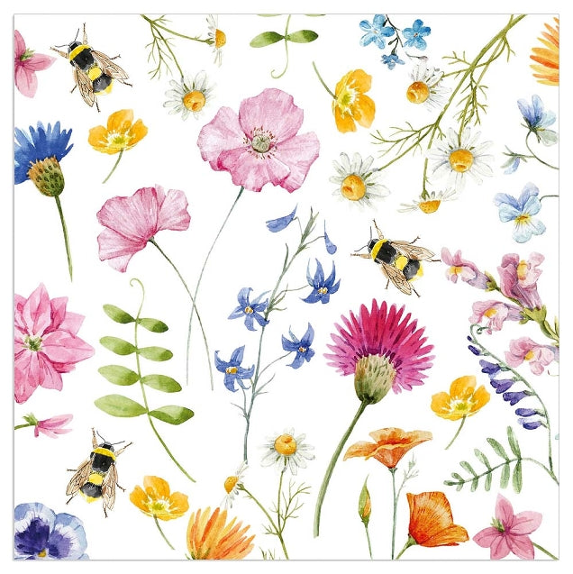 Lunch Napkin - Flowers and Bees WHITE