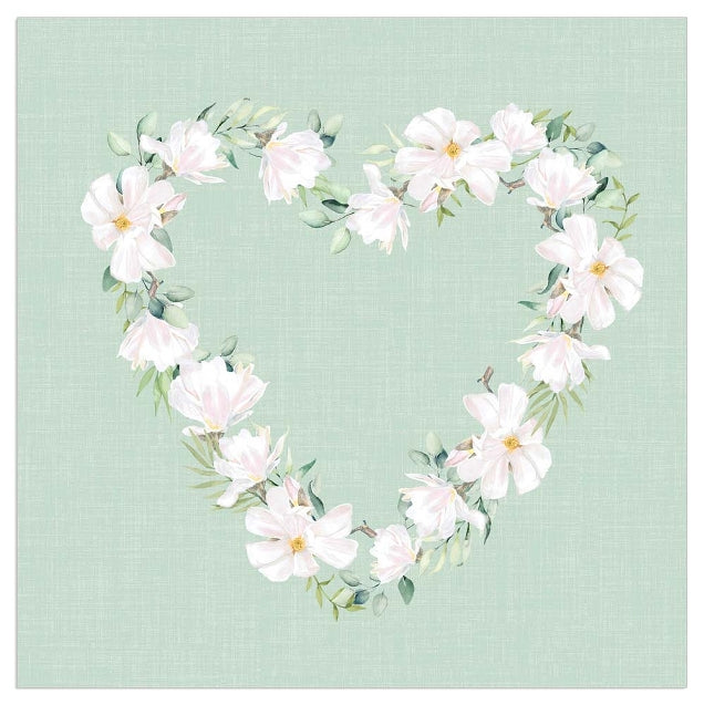 Lunch Napkin - White Flowers Heart GREEN