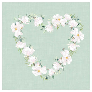 Lunch Napkin - White Flowers Heart GREEN