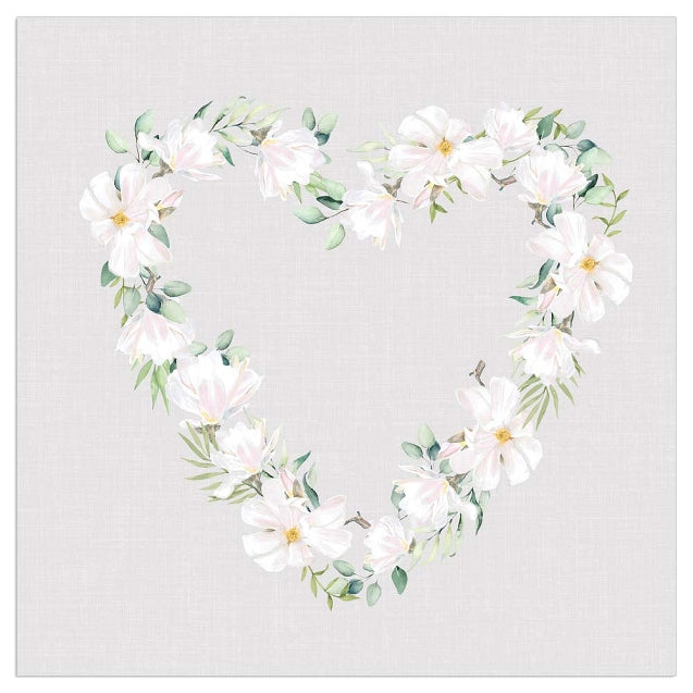Lunch Napkin - White Flowers Heart GREY