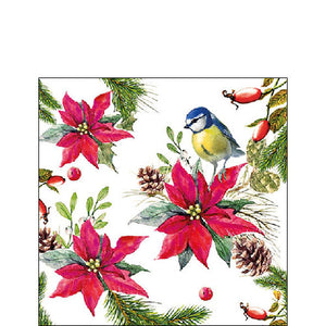 Serviette Cocktail - Oiseau sur Poinsettia BLANC