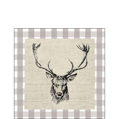 Cocktail Napkin - Checked Stag Head Brown