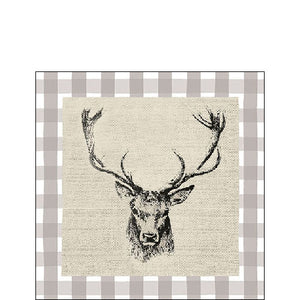 Cocktail Napkin - Checked Stag Head Brown