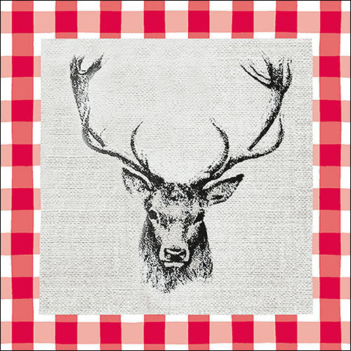 Lunch Napkin - Checked Stag Head RED