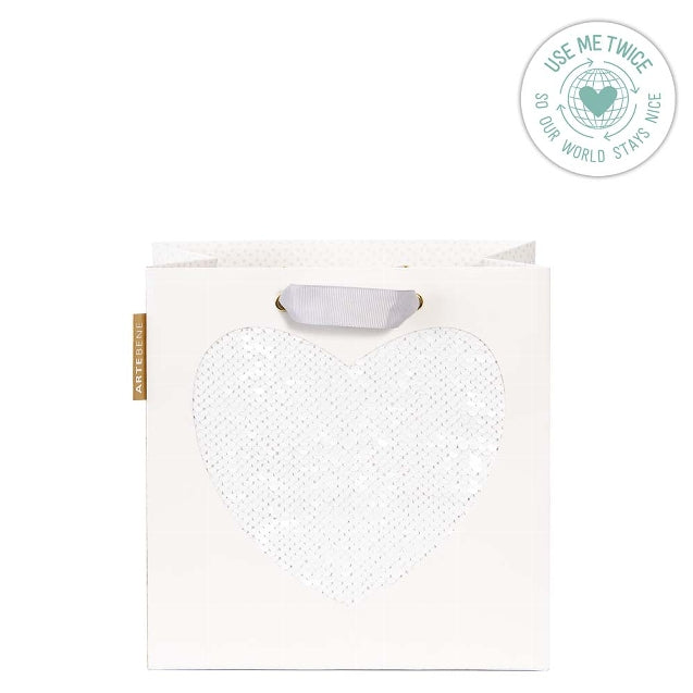 Gift Bag (Sequins) - Heart WHITE (Small)
