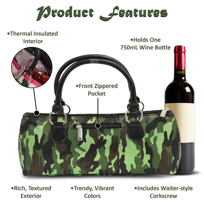 Wine Clutch - CAMOUFLAGE GREEN Insulated Single Bottle Wine Tote