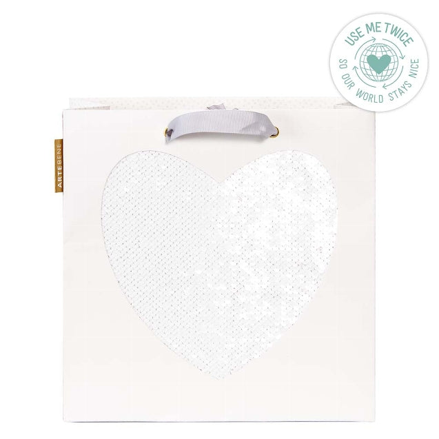 Gift Bag (Sequins) - Heart WHITE (Large)