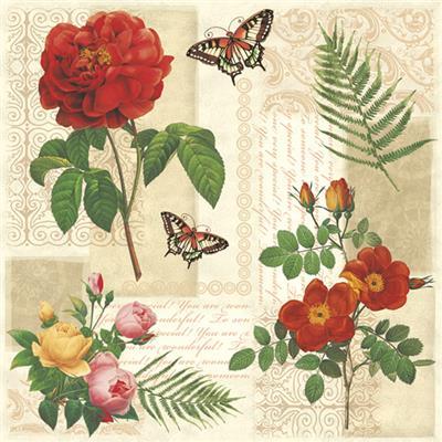 Lunch Napkin - Flowers and Butterflies on Vintage Background