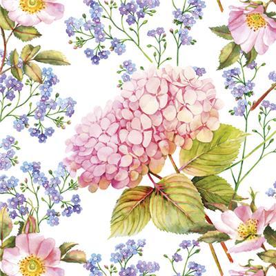 Serviette de table - Hortensia rose et fleurs myosotis