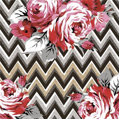 Lunch Napkin - Roses on a Gold and Silver Zig Zag